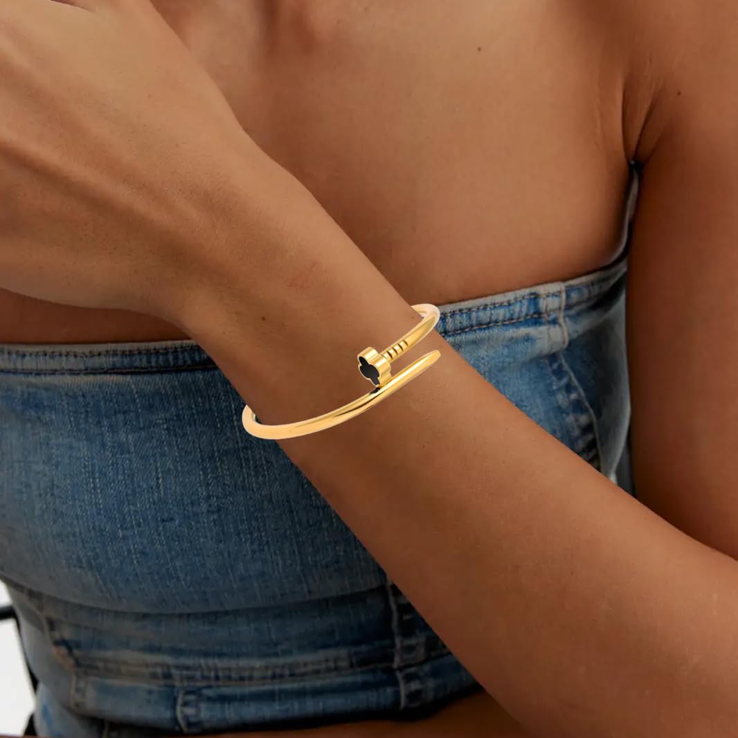 18K Gold Plated Love Nail Bangle Bracelet for Women,Stainless Steel Non-Tarnish Stackable Nail Bangle Couple Bracelet Love Trendy Jewelry Dainty Gold Bracelet Gift for Women