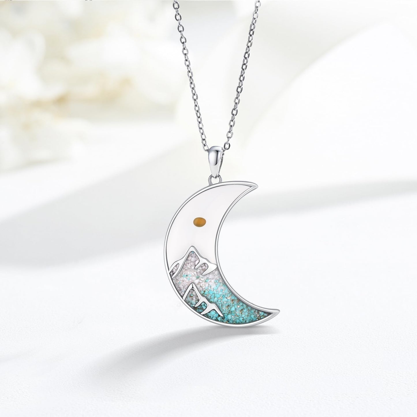 Suiknsn Mustard Seeed Necklace 925 Sterling Silver Turquoise Mountain Pendant Necklace Moon Jewelry Outdoor Hiking Gifts for Women Girlfriend