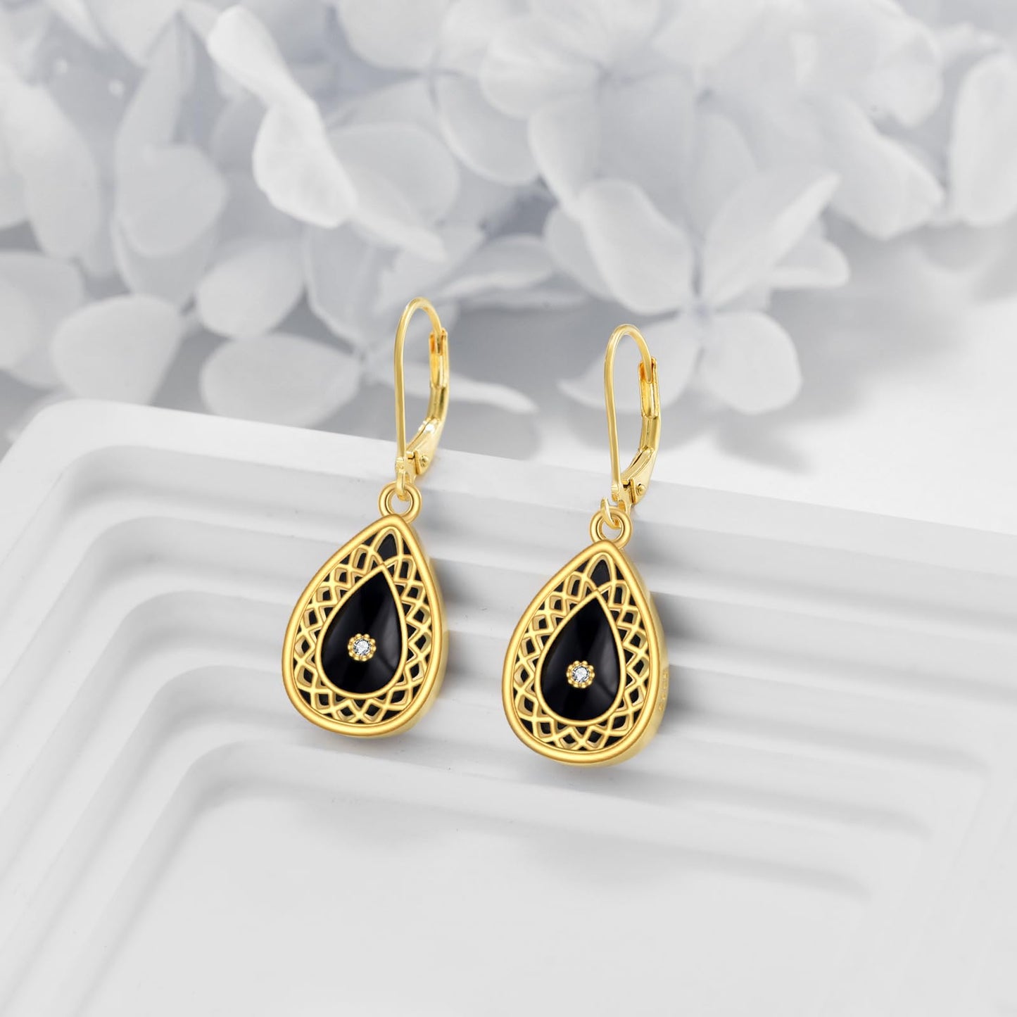 Black Onyx Drop Earrings for Women Sterling Silver 18K Yellow Gold Plated Filigree Black Onyx Dangle Leverback Earrings Jewelry Gifts