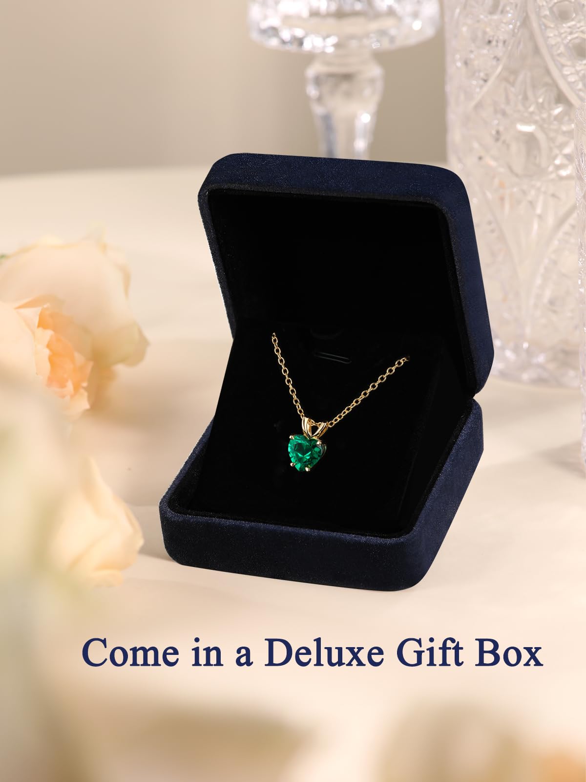CYW 1 Carat Green Emerald Small Gold Heart Necklace for Women 925 Sterling Silver Solitaire Pendant Necklace