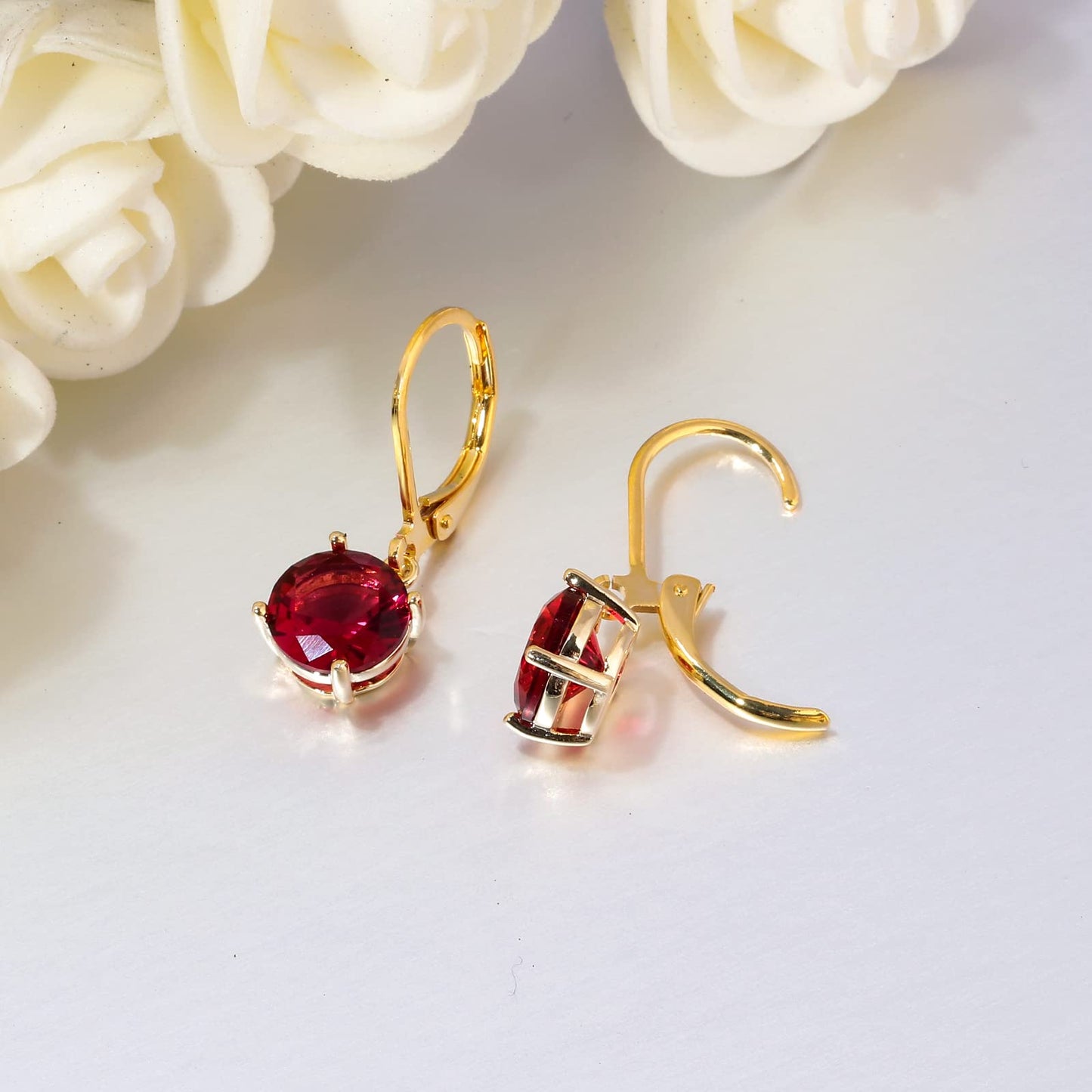 CiNily Leverback Dangle Earrings for Women Ladies Red Cubic Zircon Pendant Earrings 14K Gold Plated Hypoallergenic Crystal Drop Earrings for Sensitive Ears Jewelry 8 mm