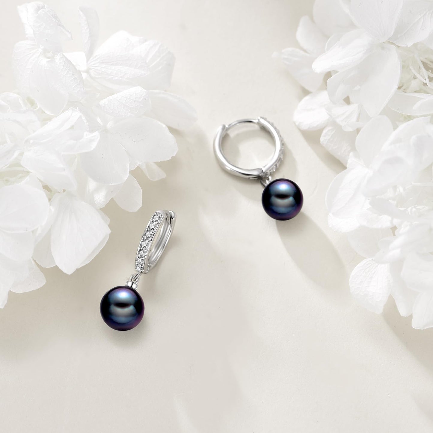 925 Sterling Silver Black Pearl Hoop Earrings Dangle Drop Jewelry Gifts for Women (Black Pearl-CZ)