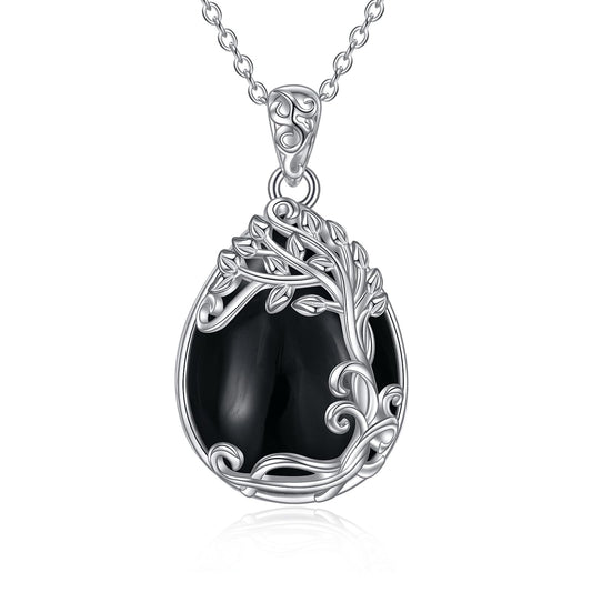 YAFEINI 925 Sterling Silver Black Onyx Necklace Jewelry Tree of Life Teardrop Pendant Black Onyx Gift for Women (MM-Tree of Life Black Onyx Necklace)