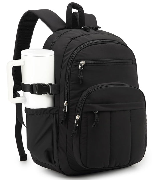 CLOKARS Backpack for Women, Quilted Laptop Bookbag with Pouch Pockets for College Work Travel Gym Teacher Nurses, Puffer High School Backpack for Girls, Black