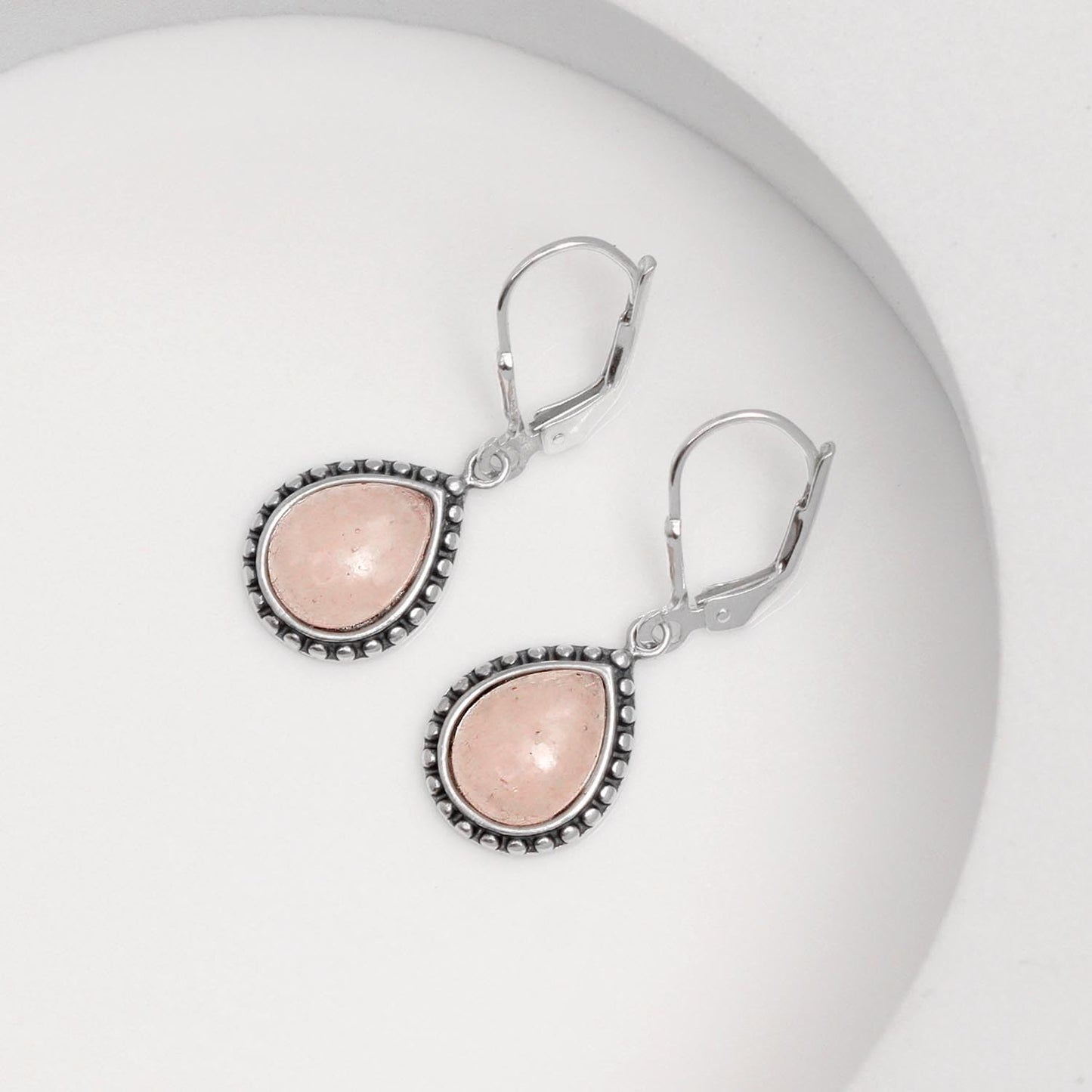 LeCalla 925 Sterling Silver Teardrop Leverback Earrings for Women | Antique Pear Shaped Rose Quartz Dangle Earrings 30MM