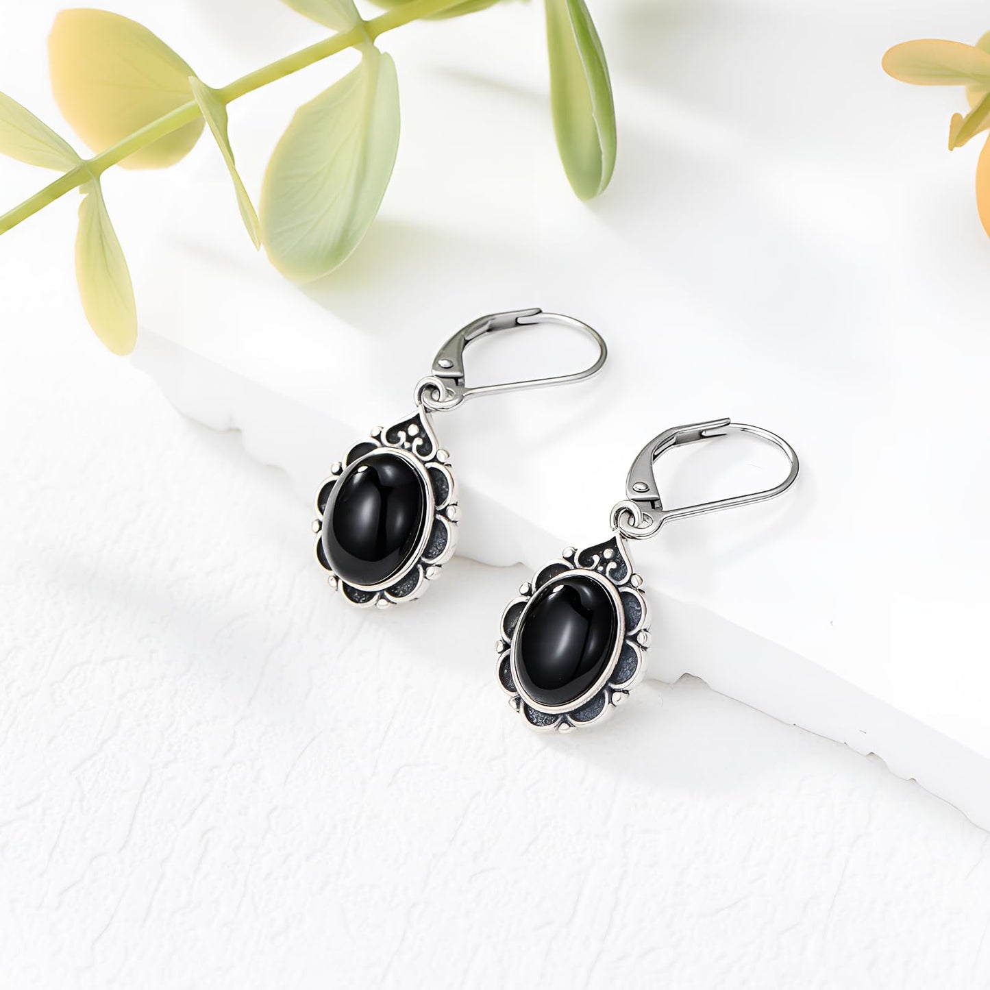 Black Onyx Earrings 925 Sterling Silver Vintage Leverback Dangle Drop Earrings for Women