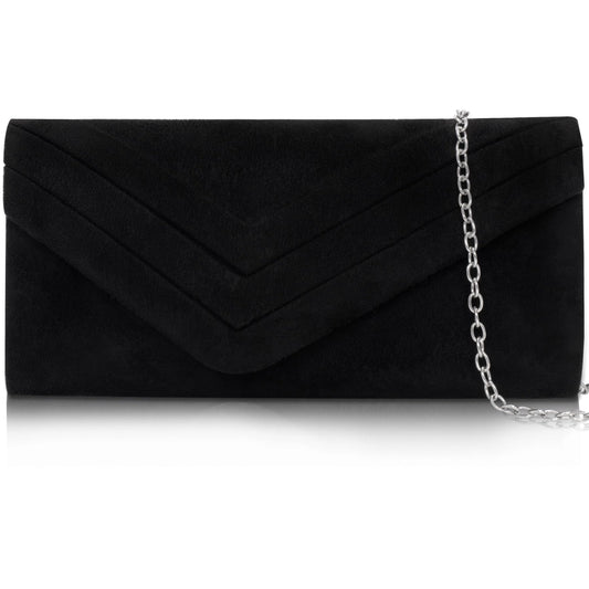 Larcenciel Elegant Black Suede Envelope Clutch Purse for Women, Soft Velvet Pleated Evening Bag with Detachable Chain Strap, Ladies Party Handbag for Formal Events, Wedding, Cocktail, Prom, Date Night