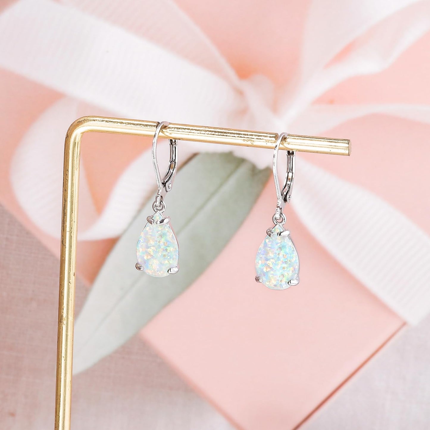 CiNily Teardrop Leverback Dangle Earrings for Women Hypoallergenic White Opal Pendant Drop Earrings 14K White Gold Plated Hanging Lever Earrings Fashion Graduation Party Jewelry Gifts