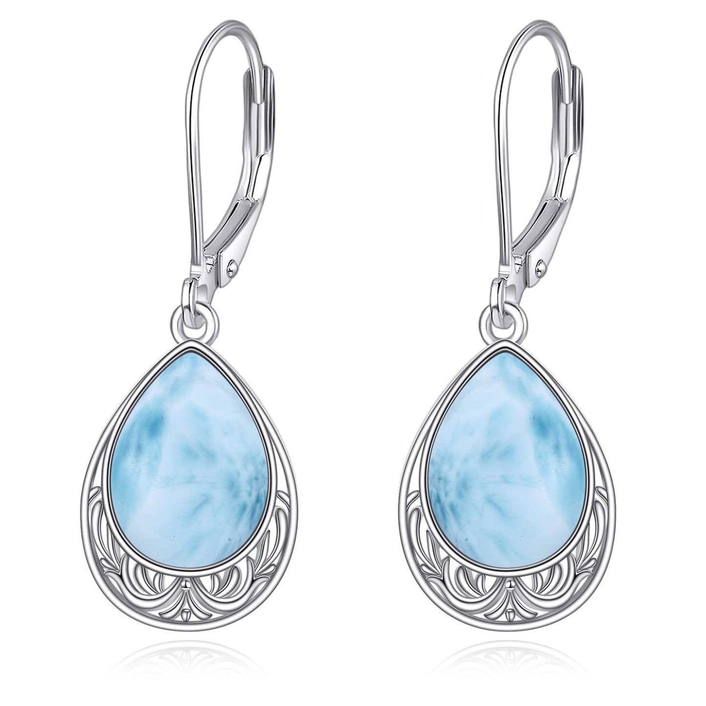 VONALA Larimar Earrings 925 Sterling Silver Larimar Leverback Earrings Teardrop Dangle Dangling Earrings Filigree Jewelry Gift for Women