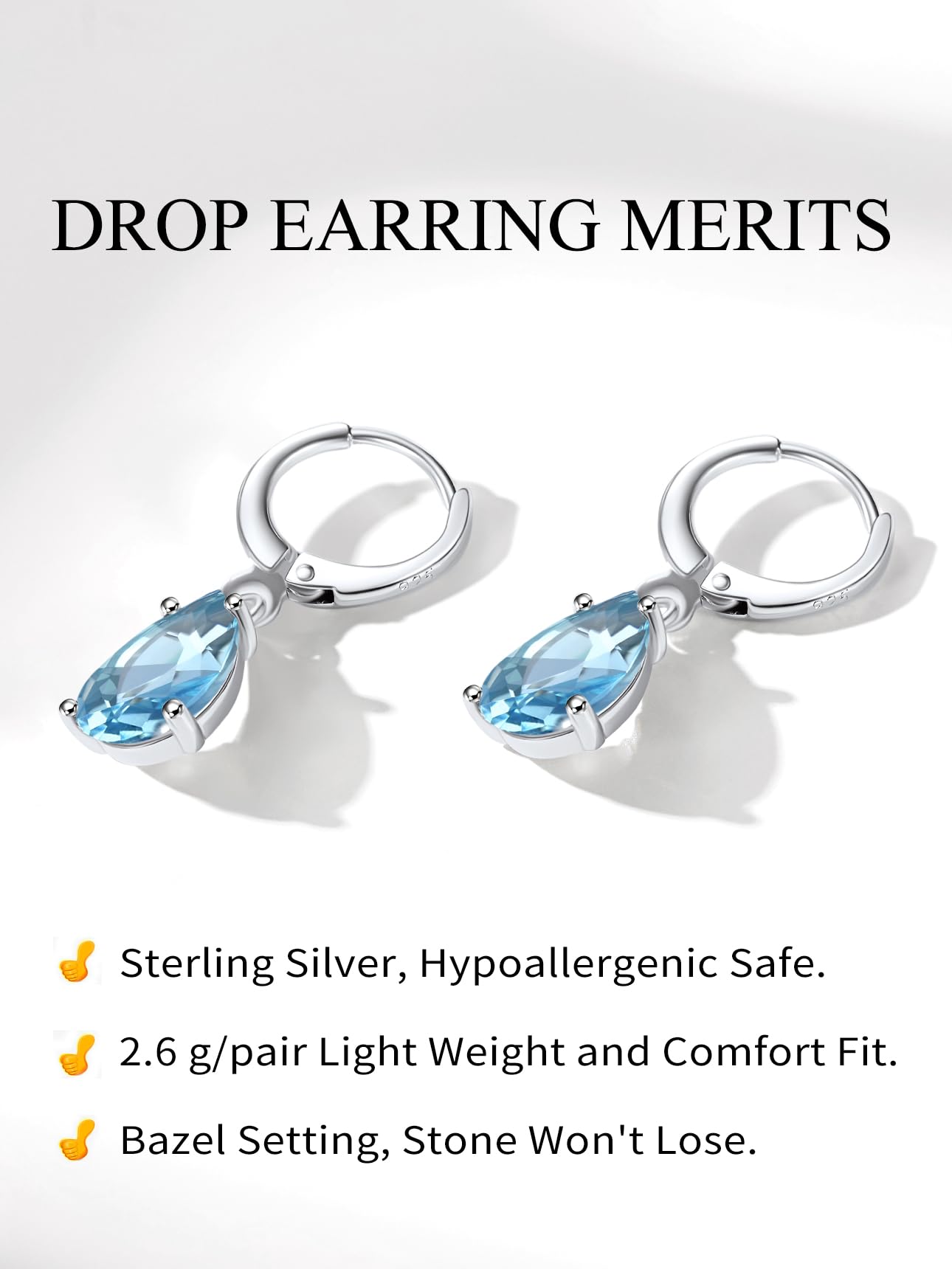 Bestyle Silver March Birthstone Dangle Earrings - Created Teardrop Aquamarine Crystal Drop Blue Earrings - Trendy Cute Women's Small Hoop CZ Dangle Earrings for Party Gowns