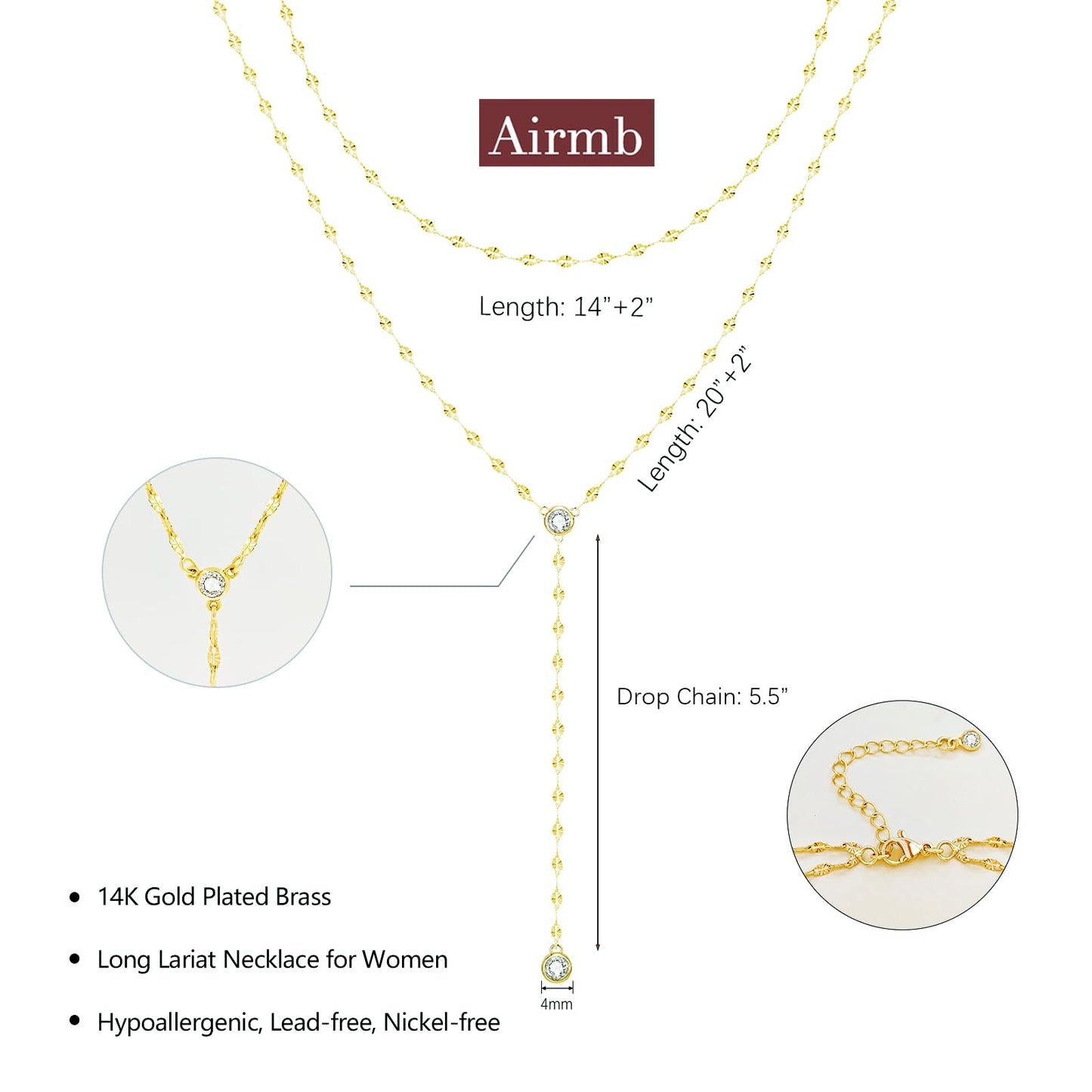 Airmb Lariat Gold Necklace for Women 14K Gold Plated Dainty Long Necklace Y-Shaped Drop Pendant Necklaces Choker Trendy Chain Simple Layered Necklaces CZ Jewelry for Women Set Gift