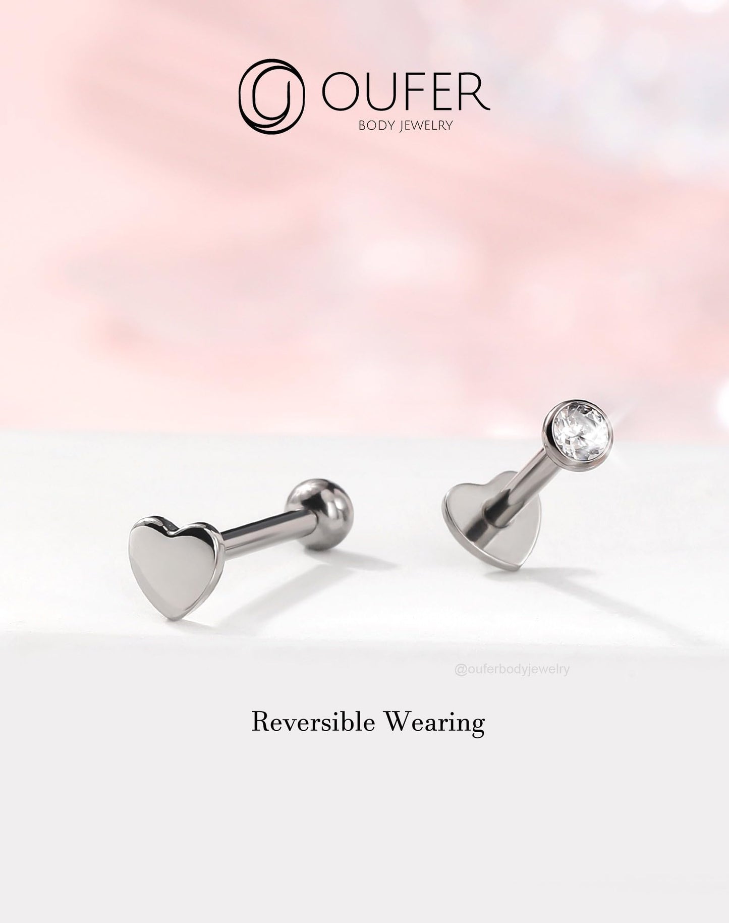 OUFER 2Pcs Conch Earring, 16G G23 Solid Titanium Threadless Stud Earrings Flat Back Heart Shaped Tiny CZ 3MM Silver Helix Cartilage Conch Lobe Piercing Jewelry for Women Men-12MM