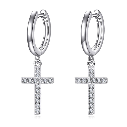 Hanging Cross Hoop Earrings Sterling Silver Diamond Cross Dangle Earrings Religious Jewelry Gifts for Women