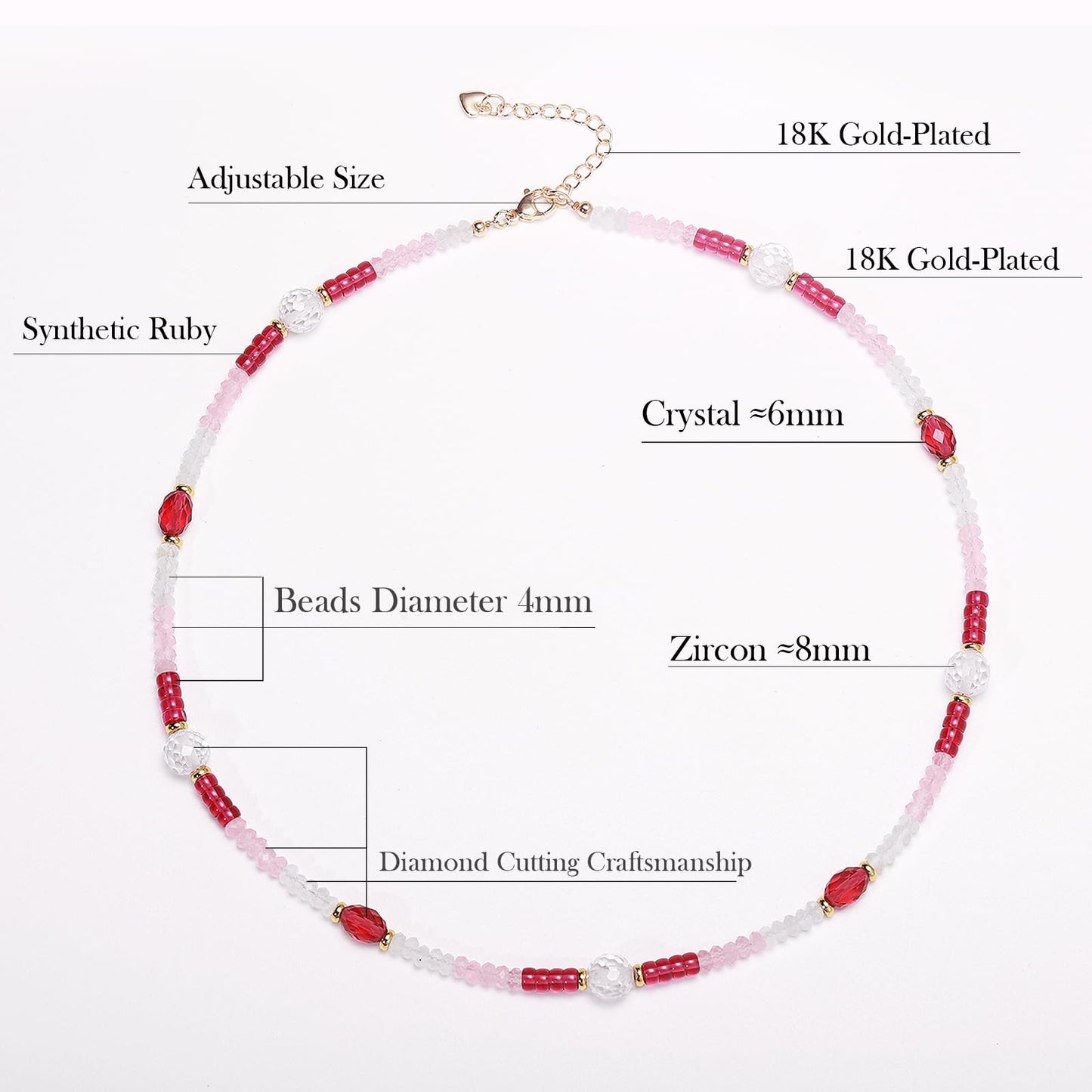 Gmissbabicoo Healing Crystal Necklace for Women Spiritual zircon Beads Handmade Gemstone with 18k Golden Plated Rose Pink Crystals Stones Beaded Adjustable Necklaces with Jewelry Box