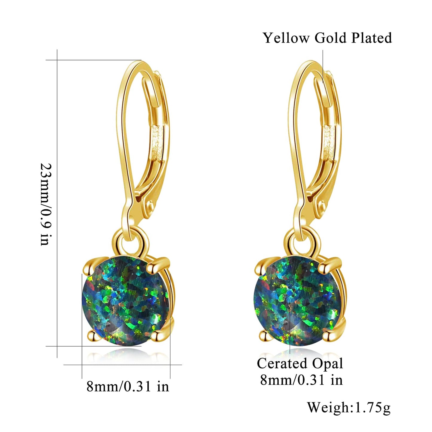 CiNily Round-Cut Opal Dangle Earrings for Women Hypoallergenic Black and Green Fire Opal Rhodium Plated Leverback Gemstone Drop Earrings Jewelry