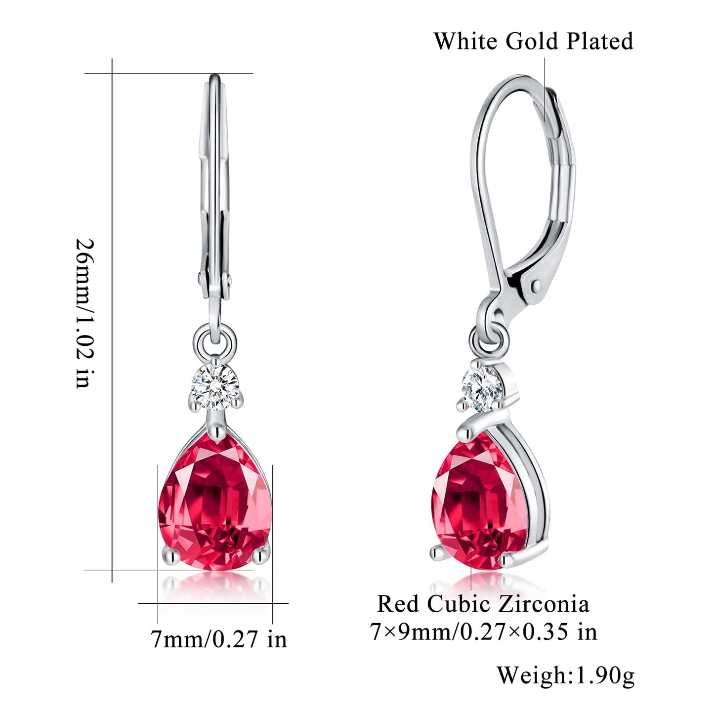CiNily Leverback Dangle Earrings for Women 14K White Gold Plated Drop Earrings Red Cubic Zircon Fashion Teardrop Hoop Earrings Hypoallergenic Jewelry for Sensitive Ear
