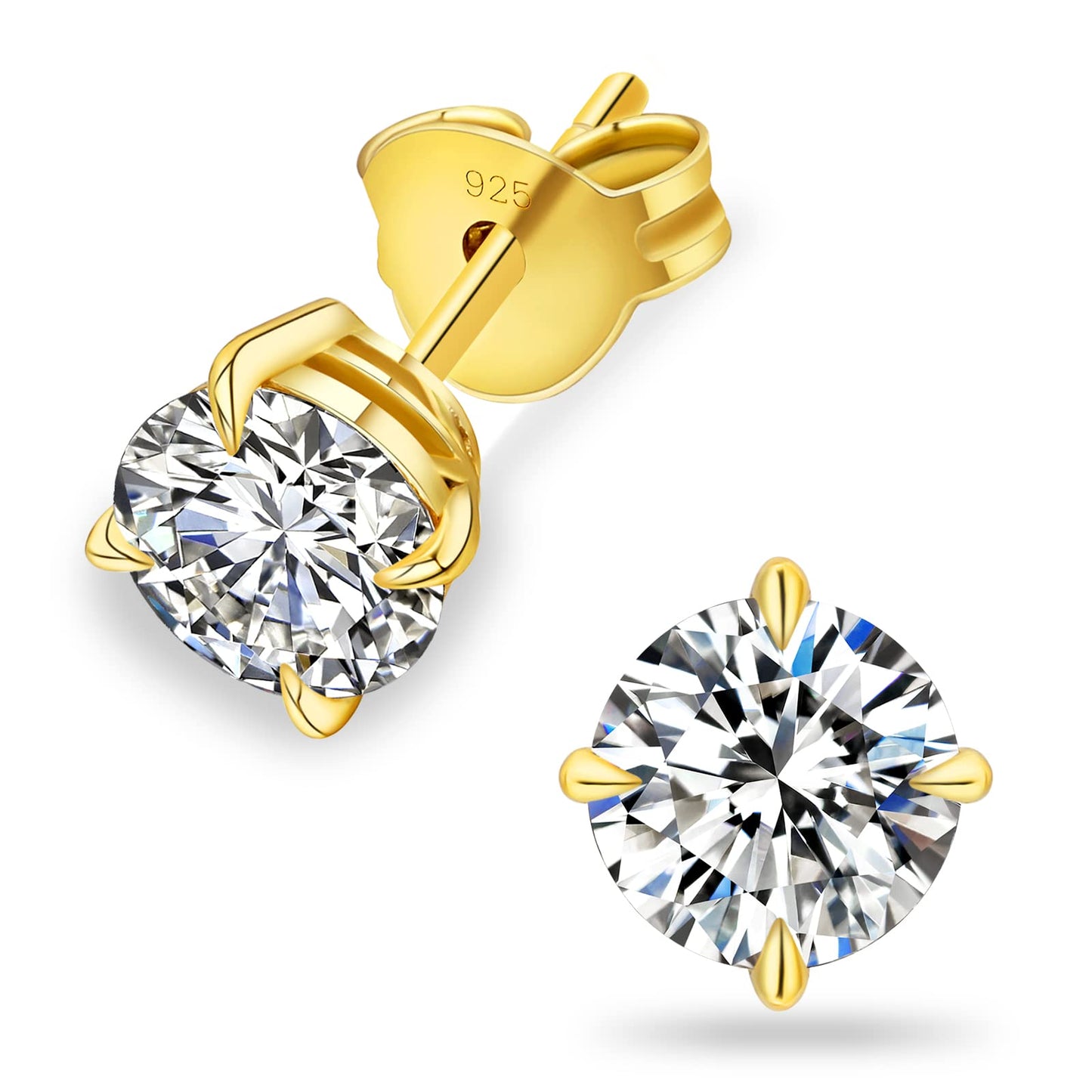 KRKC 0.6-3ct Moissanite Stud Earrings, D Color VVS1 Clarity, Lab Created Moissanite Stud Earring for Women, 14K Golden Plated S925 Sterling Silver Earrings Friction Back for Women Men, Hypoallergenic