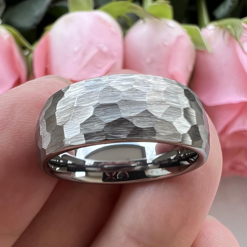 TUTISS 8mm Hammered Tungsten Carbide Rings for Men Women Engagement Wedding Bands Domed I Love You Engraved Comfort Fit Size 7