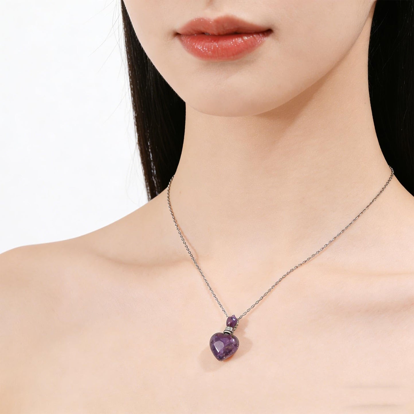 beinkmake Amethyst Heart Vial Necklace for Liquid with Dropper Perfume Bottle Pendant Necklace Glass Ashes Memorial Jewelry for Women