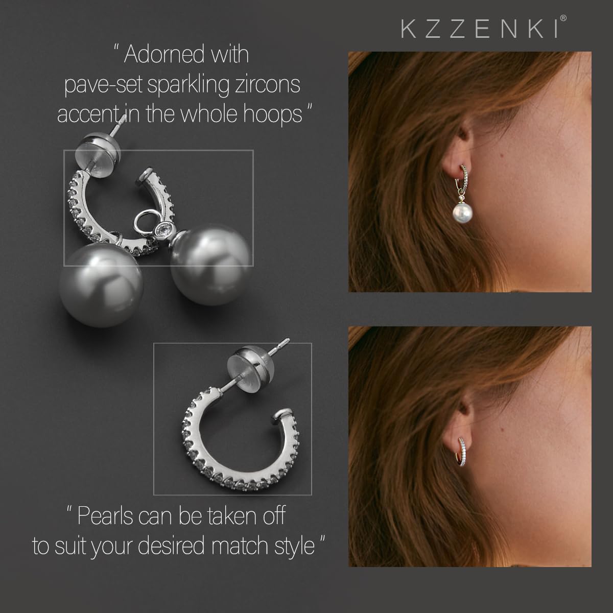KZZENKI Grey Pearl Earrings for Women, Sterling Silver Post Drop Earrings, Open Hoop Peal Dangle Earrings Bridal Jewelry