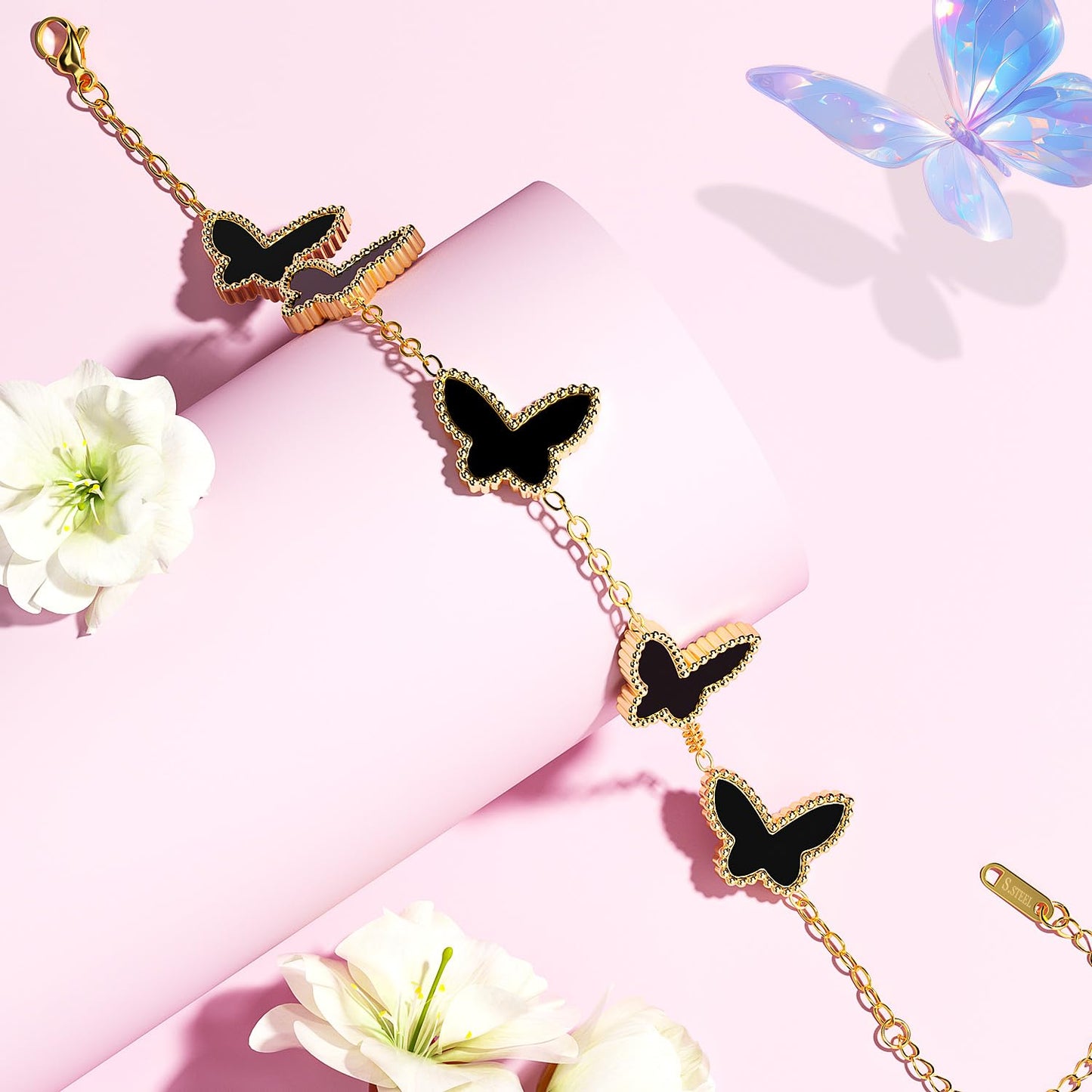 AICase 18K Gold Plated Clover Bracelet Dupes Black Bracelet Set for Women Butterfly Flower Leaf Lucky Clover Bracelets Trendy Jewelry Birthday Gifts for Women/MoM/Friends_Black