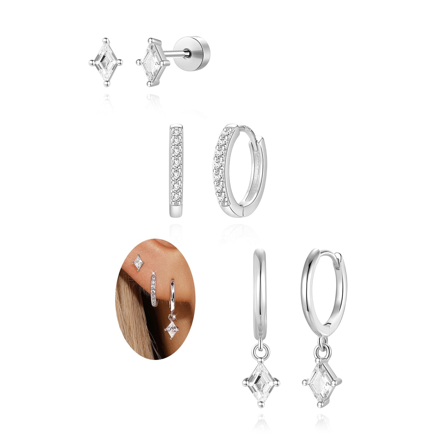 3 Pairs 925 Sterling Silver Hoop Earrings Set for Women, Hypoallergenic Silver Earrings for Multiple Piercing, Dainty Flat Back Stud Dangle Earring Stacks for Women Trendy Non Tarnish Jewelry Gifts