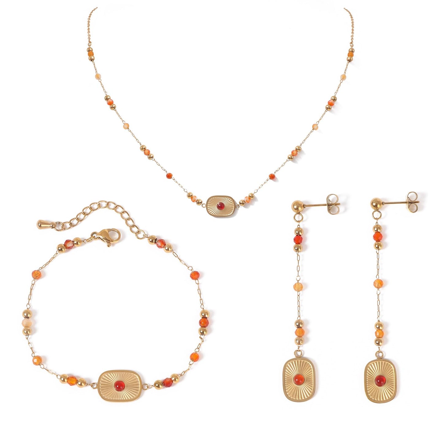 TaYolnFaSo Natural Red Agate Jewelry Set for Women 18K Gold Plated Sun Disk Red Agate Necklace Earrings Bracelet Set Gift for Wife