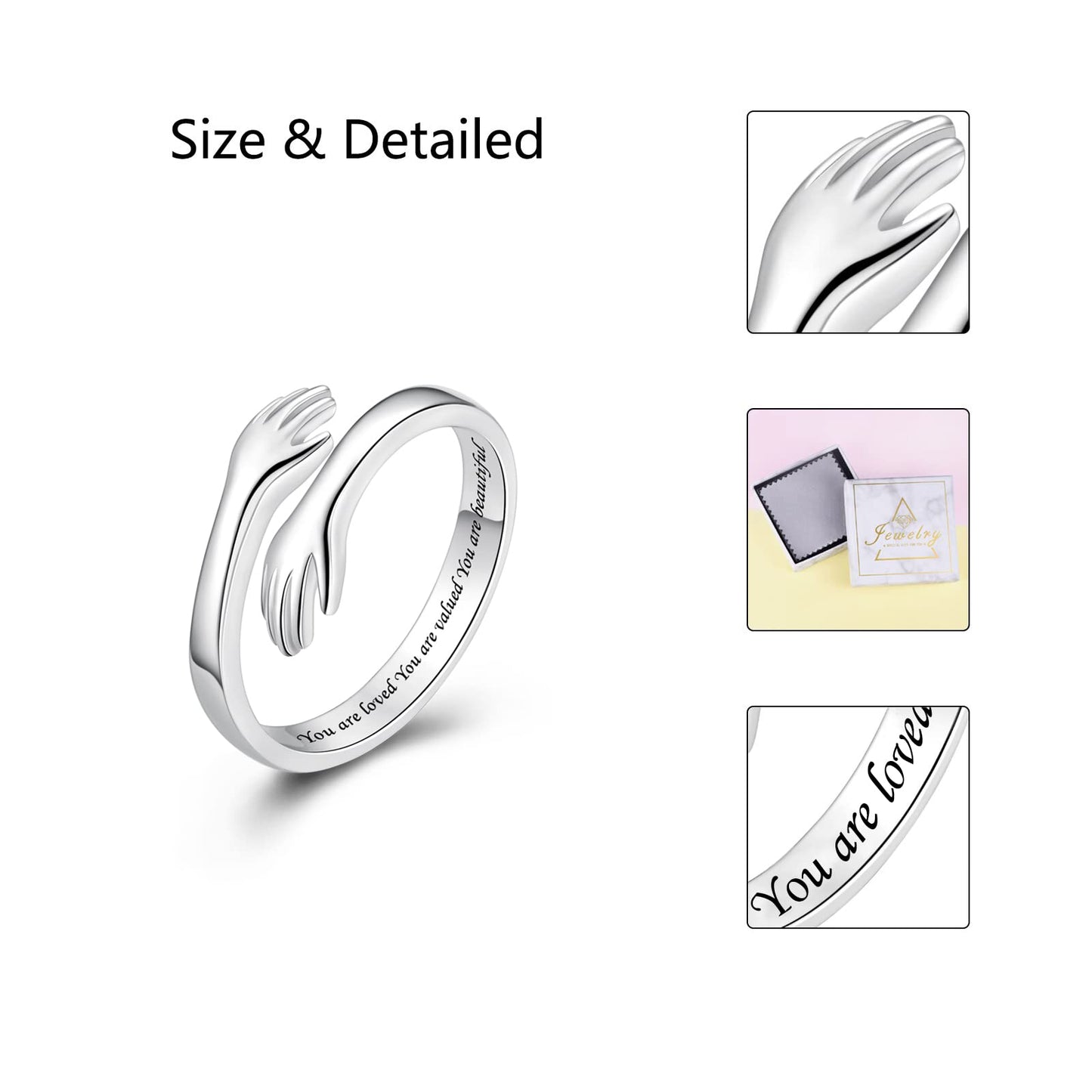 ACJFA Hug Rings for Women Sterling Silver Adjustable Ring for Women Daughter Hand Ring Jewelry for Birthday Gifts Holiday Gift for Teens(You are loved You are valued You are beautiful)
