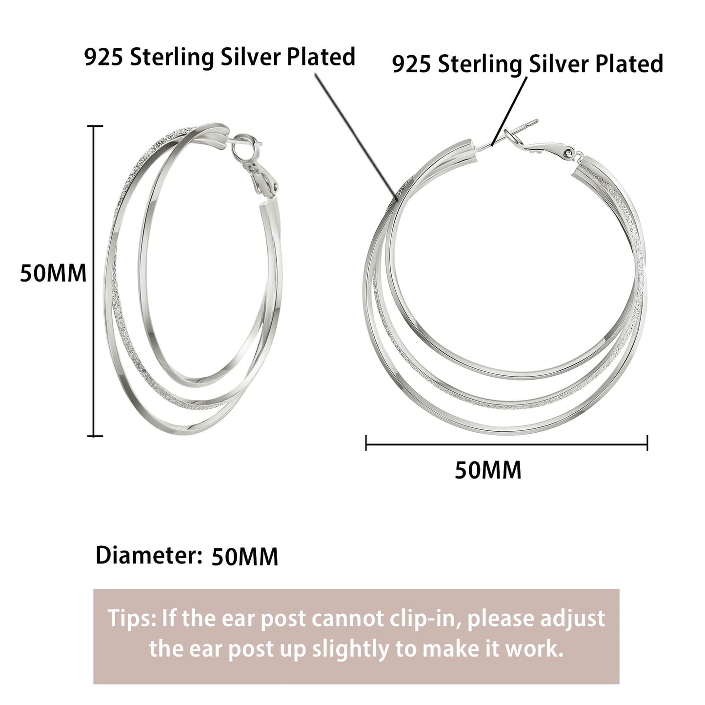 GLOQUAT Silver Plated Hoop Earrings for Women Large Silver Thin Hoops Twisted Triple Hoop Earring for One Ear Hole Lightweight and Hypoallergenic Chunky Earring Jewelry Gifts 50mm
