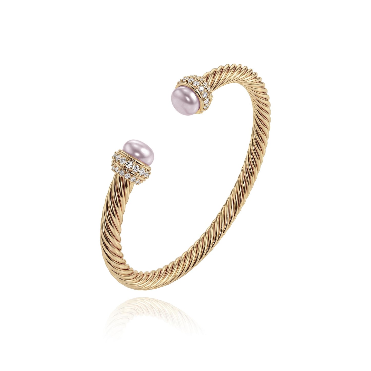Fettero Gold Cuff Bangle Bracelets for Women - 14K Gold Plated Adjustable Open Cuff Friendship Bracelets Twisted Cable Bangle Bracelet Lightweight Purple Pearl Bracelet for Dainty Jewelry
