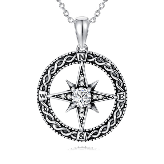 Silikepa Compass Necklace for Women 925 Sterling Silver Compass North Star Pendant Necklace with Zircon Graduation Season Jewelry Gift for Women