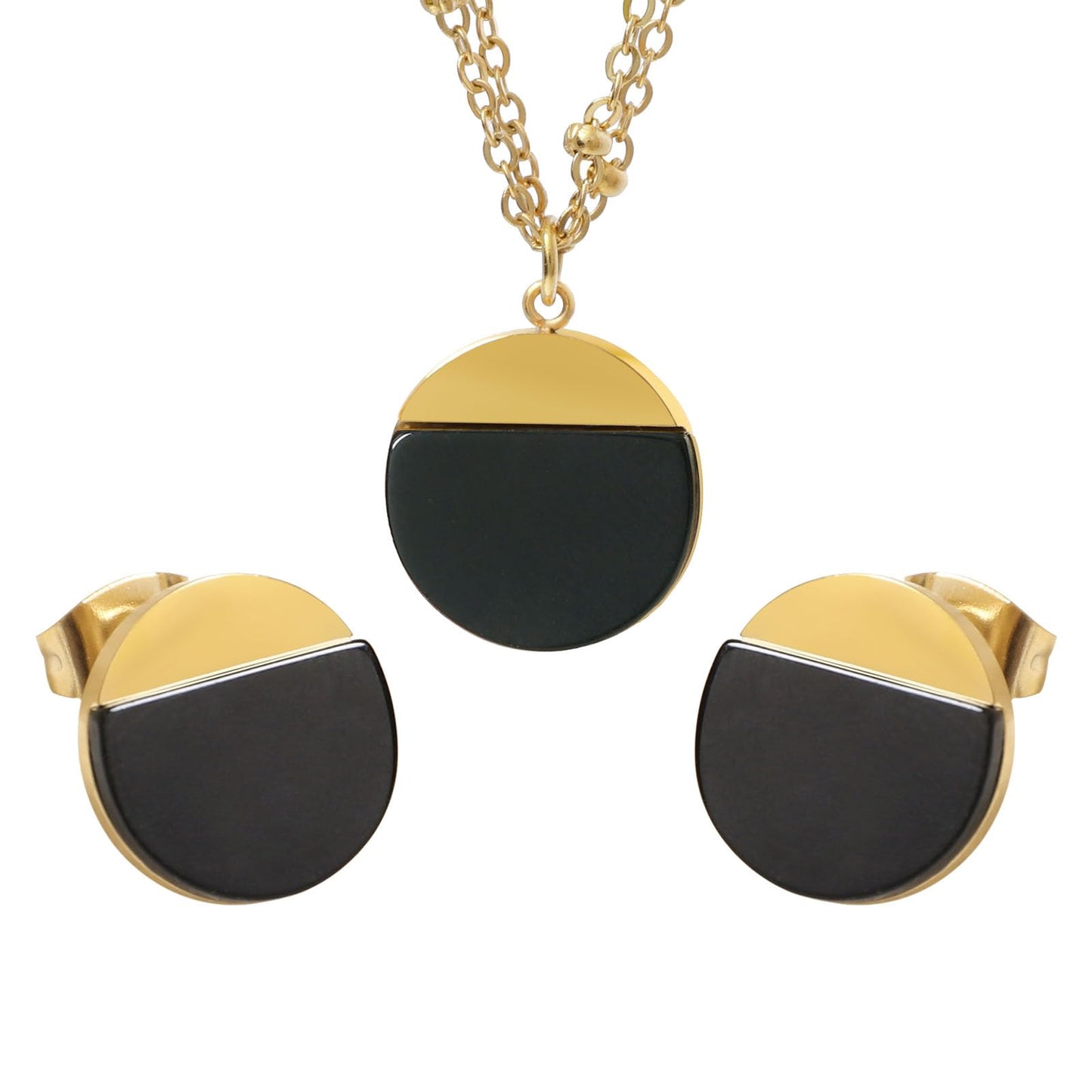 TaYolnFaSo Natural Black Agate Jewelry Set for Women 18K Gold Plated Black Onyx Stud Earrings Double Chain Necklace Set Dainty Jewelry Gift