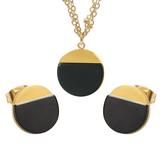 TaYolnFaSo Natural Black Agate Jewelry Set for Women 18K Gold Plated Black Onyx Stud Earrings Double Chain Necklace Set Dainty Jewelry Gift