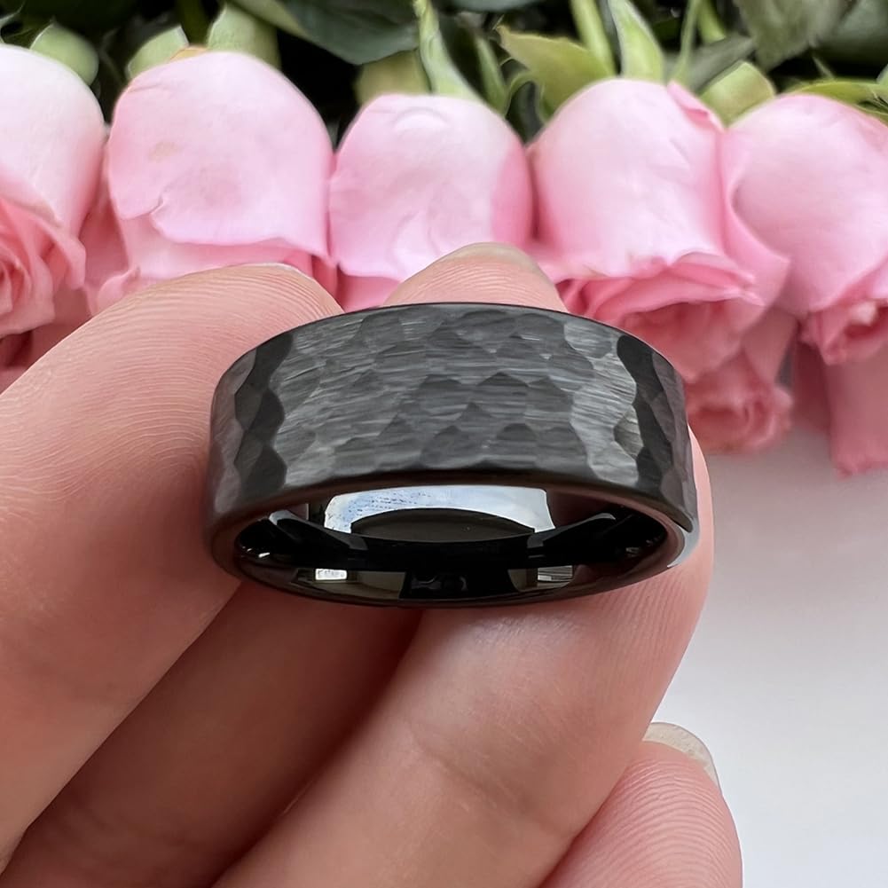 TUTISS 8mm Black Hammered Tungsten Carbide Rings for Men Women Fashion Engagement Wedding Bands Matte Finish I Love You Engraved Comfort Fit Size 10