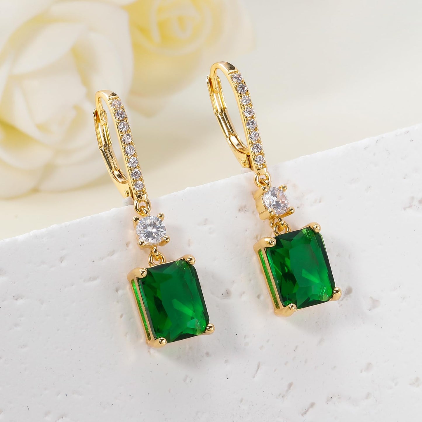 CiNily Leverback Earrings for Women Rectangular-cut Drop Dangle Earring Hypoallergenic, 14K Gold Plated Emerald Green Cubic Zircon Earrings Diamond Dangle Ear Rings Jewelry Birthday