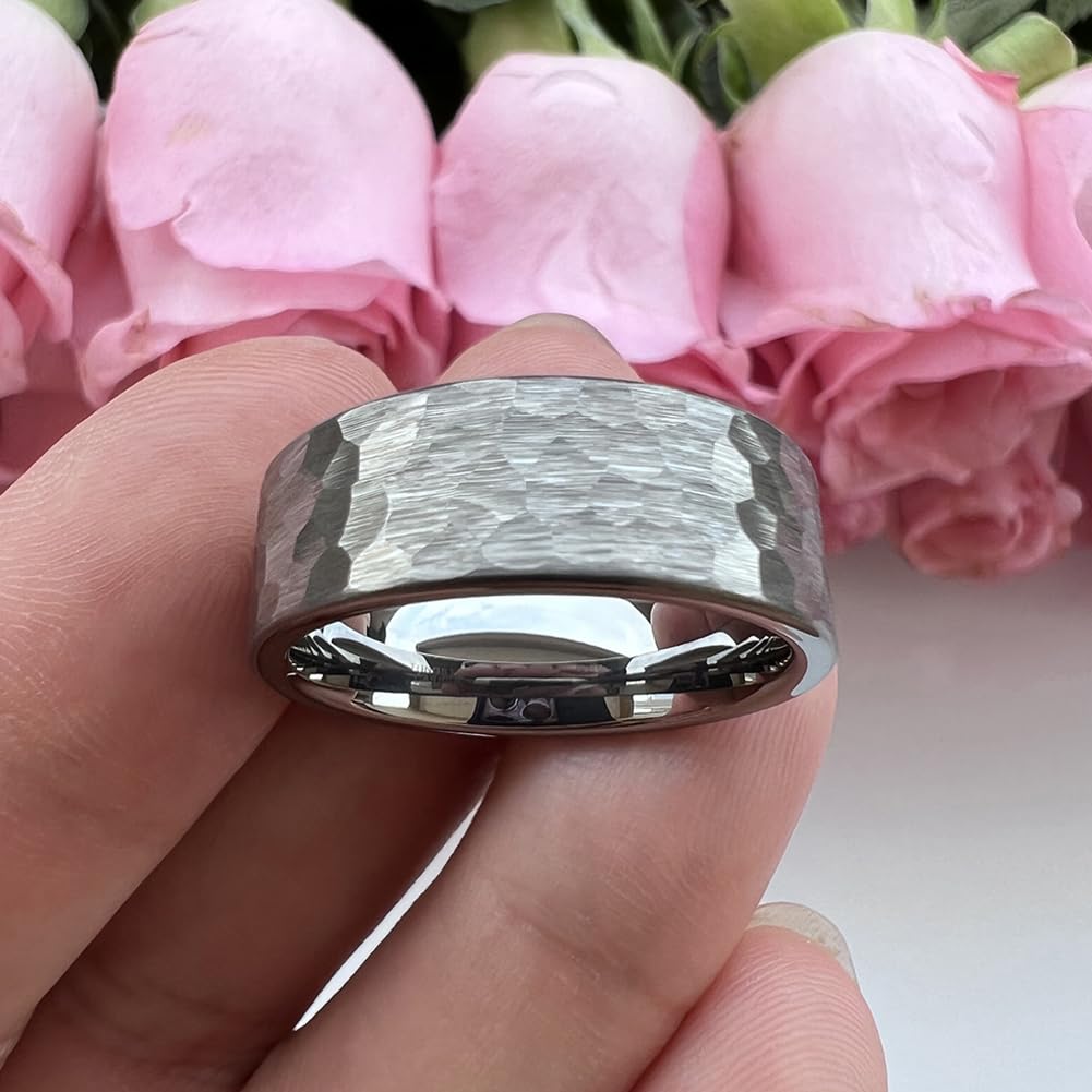 TUTISS 8mm Hammered Tungsten Carbide Rings for Men Women Fashion Engagement Wedding Bands Matte Finish I Love You Engraved Comfort Fit Size 10