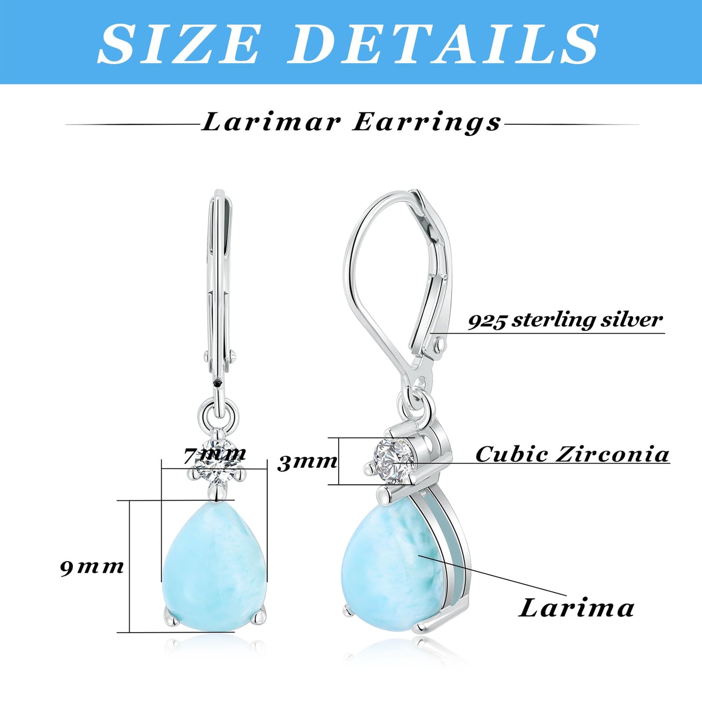 14K White Gold Filled Sterling Silver 7x9mm Teardrop Larimar Gemstone Dangle Earrings for Women