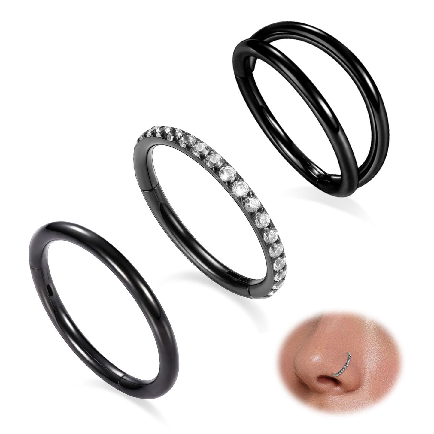 GAGABODY Conch Piercing Jewelry Nose Ring Hoop Earrings 18g Nose Hoop Black 8mm Septum Jewelry Surgical Steel Septum Ring with CZ Septum Clicker Lip Rings Helix Earring Double Hoop Cartilage Earring