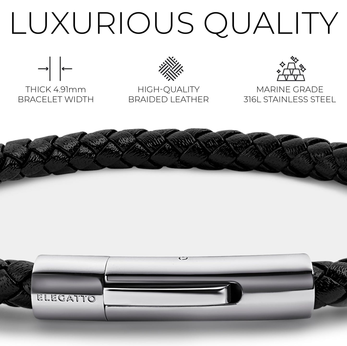 Elegatto Elagio Premium Braided Leather Bracelet for Men | Full-Grain Braided Leather with Sterling Silver Polished Stainless Steel Clasp | Men’s Designer Bracelets | Large