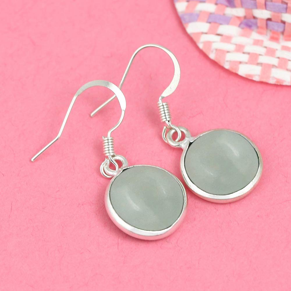 Natural Aquamarine 925 Silver Plated Dangle Earrings for Women - Round Shape Green Color Gemstone March Birthstone Handmade Jewelry Earrings - Birthday Gift for Her
