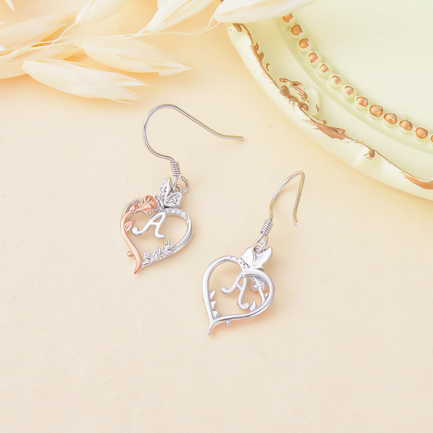 TOUPOP Rose Heart Initial Earrings Sterling Silver Butterfly Earring Initial A Letter Drop Dangle Earrings Jewelry Anniversary Birthday Mothers Day Gifts for Women Mom Wife Girlfriend Her