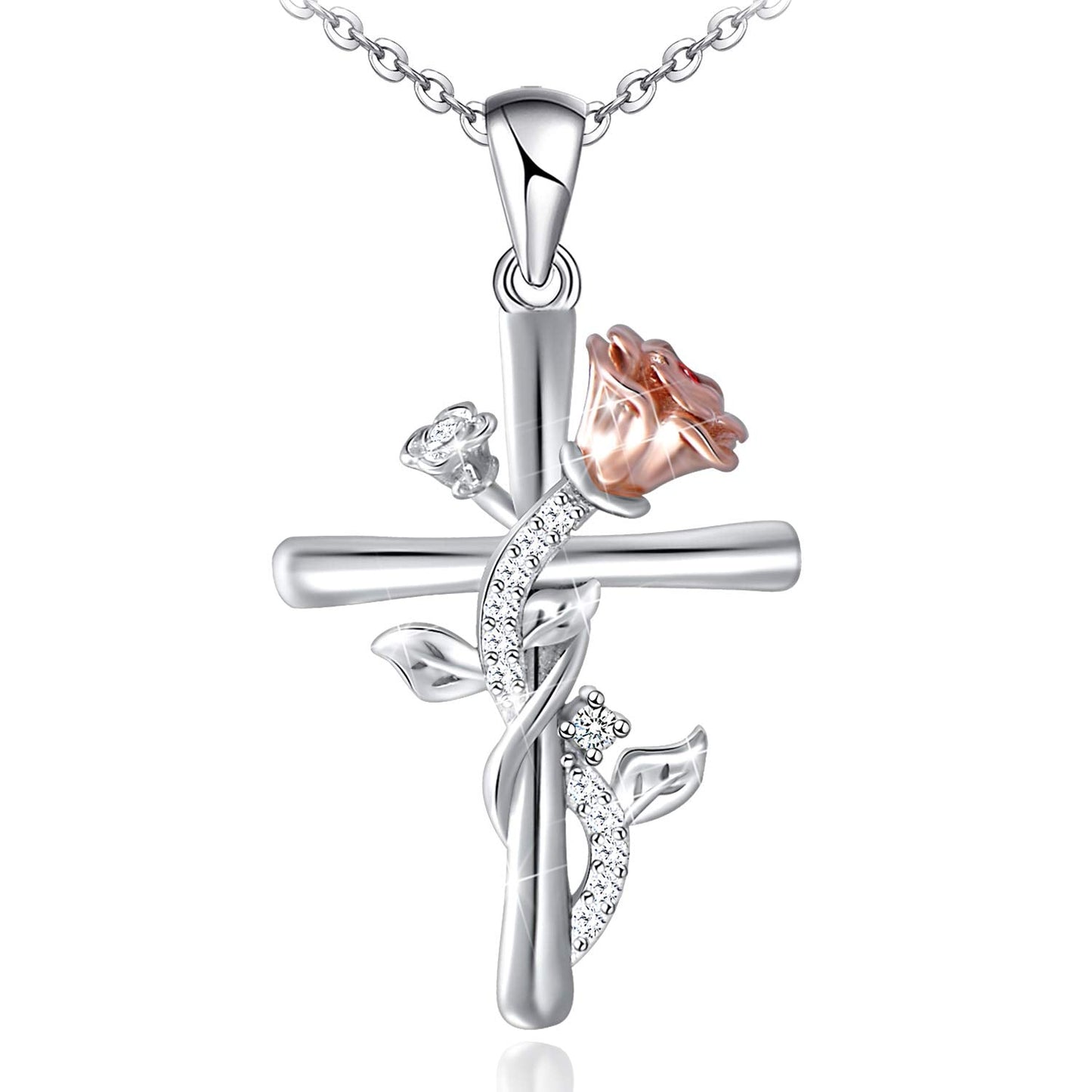 Distance Cross Necklace for Women 925 Sterling Silver Rose Pendant Jewelry Necklace for Mom Wife Gift for Mother's Day Birthday