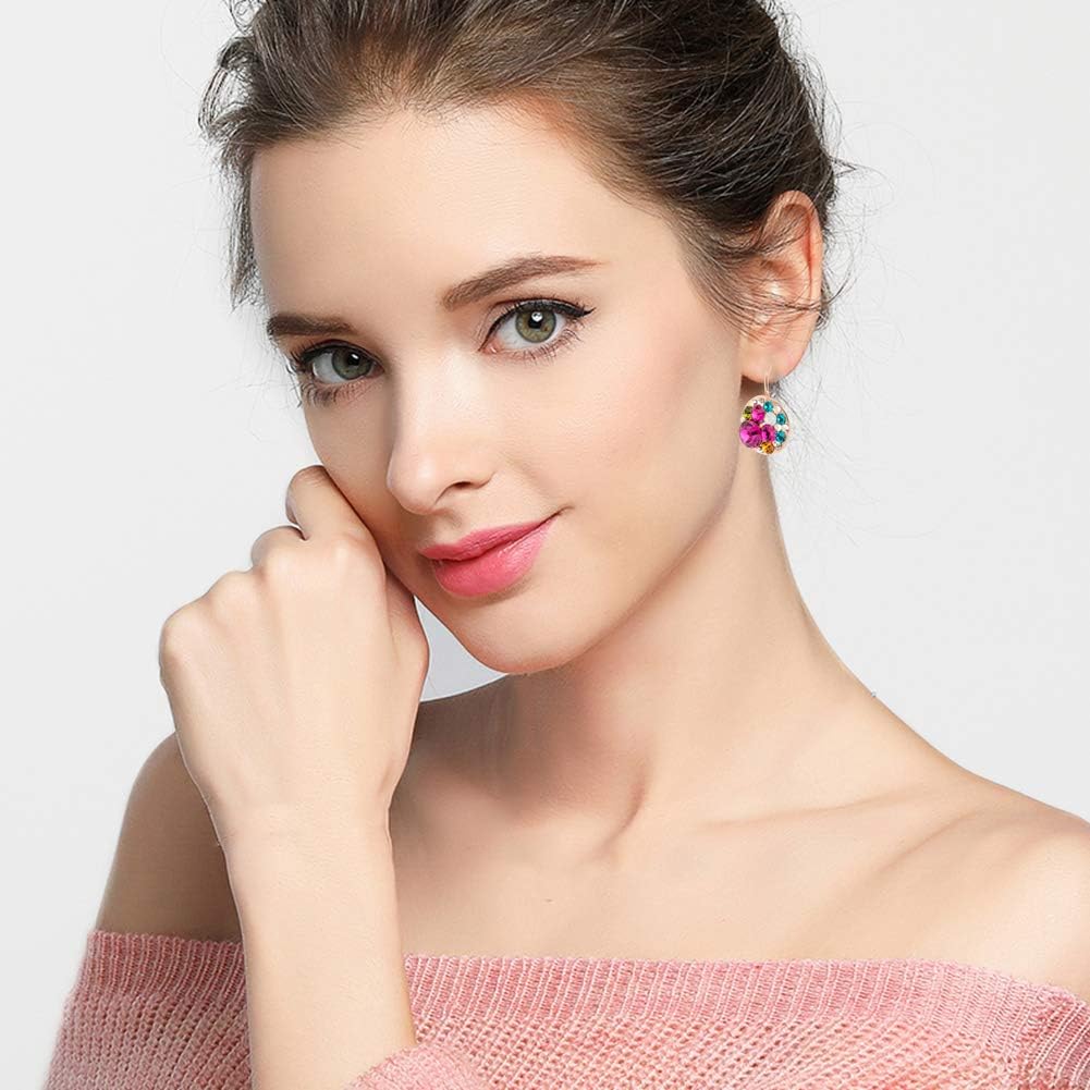 Multicolored Austrian Crystal Drop Earrings for Women 14K Gold Plated Leverback Dangle Hoop Earrings (Rose Main Crystal/Rose Gold-tone)