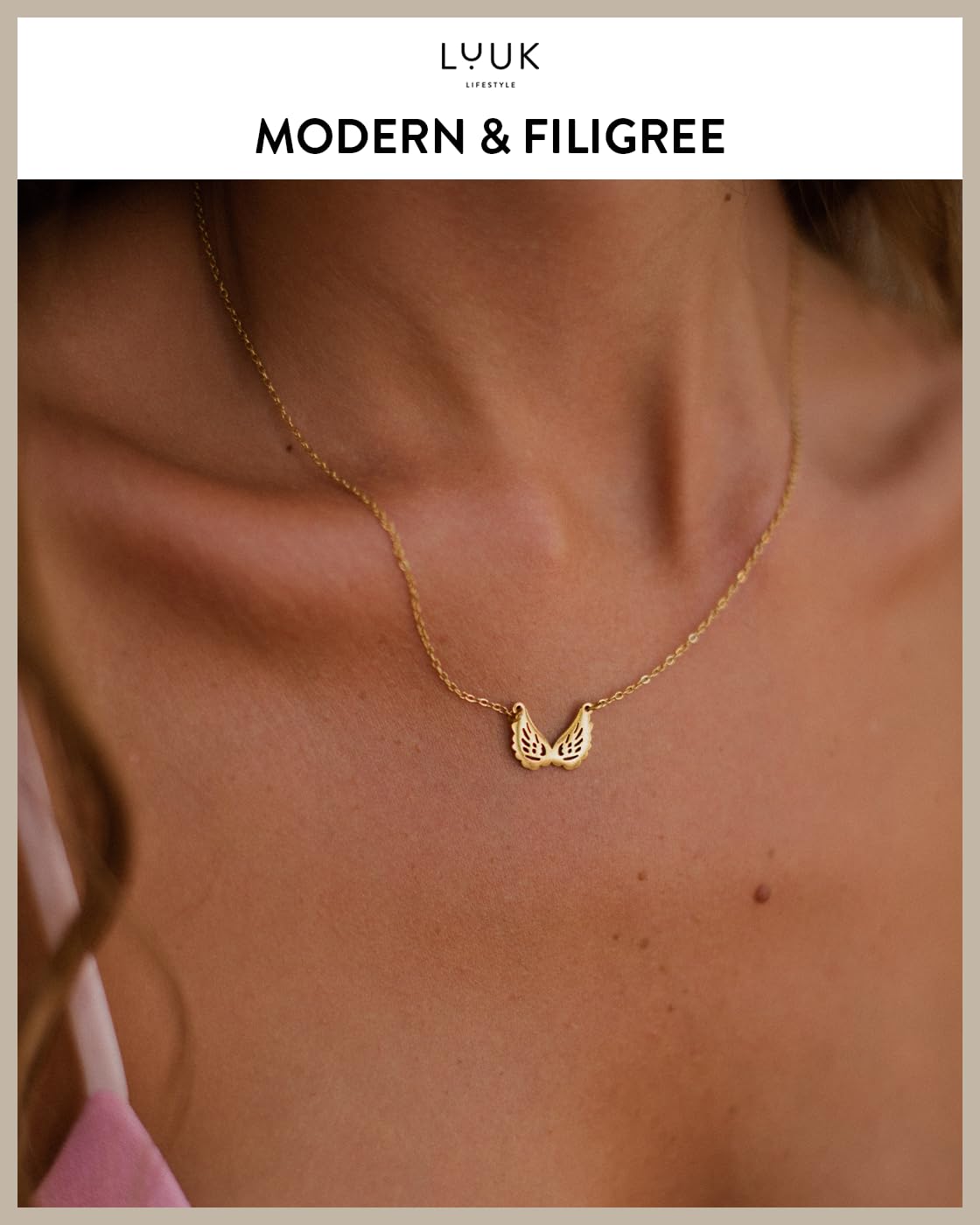 LUUK LIFESTYLE Sympathy Gift Angel Wings gold plated pendant necklace, HAPINESS Card, 19in adjustable chain, waterproof, tarnish-free, sturdy dainty simple sleek minimalist, condolences bereavement