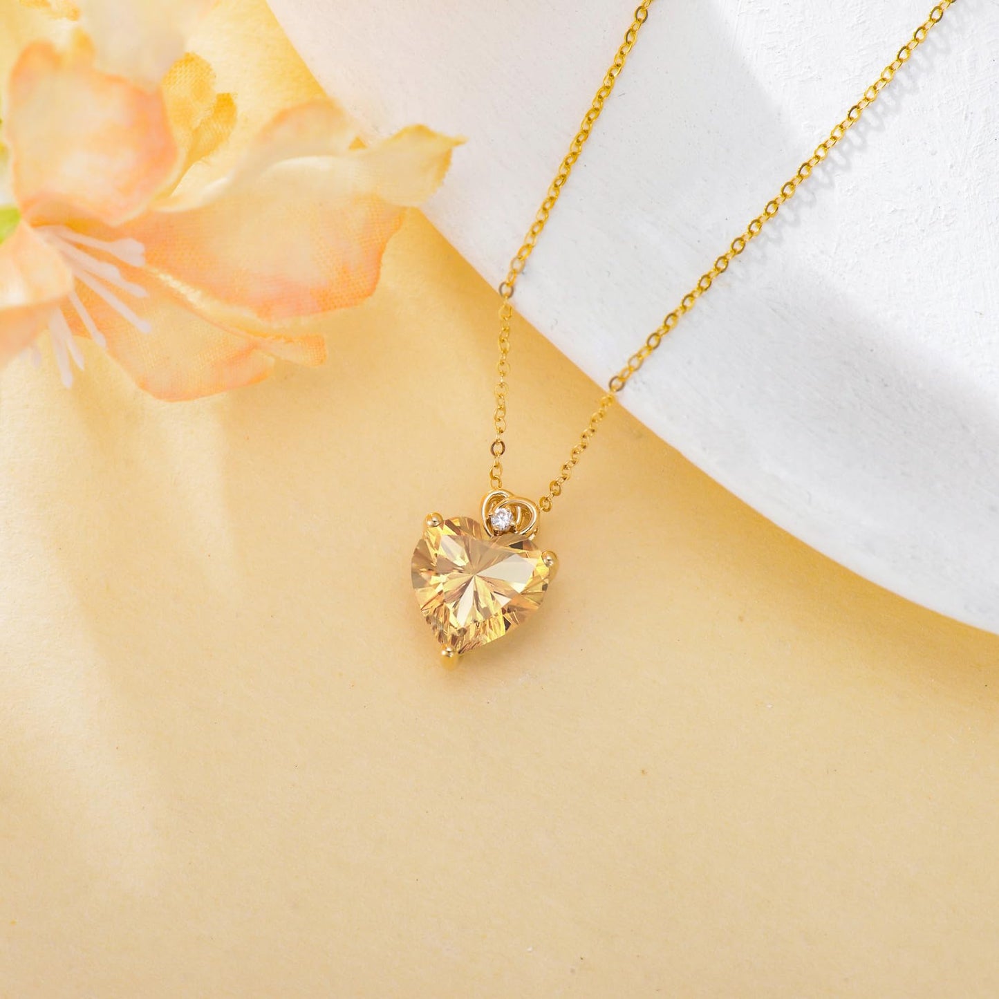 NFYBD 14k Gold Love Heart Citrine Birthstone Pendant Necklace for Women 3 Carat Heart-cut Created Gemstone Anniversary Birthday Mother's Day Necklaces for Her 16+1+1 inch-Nov