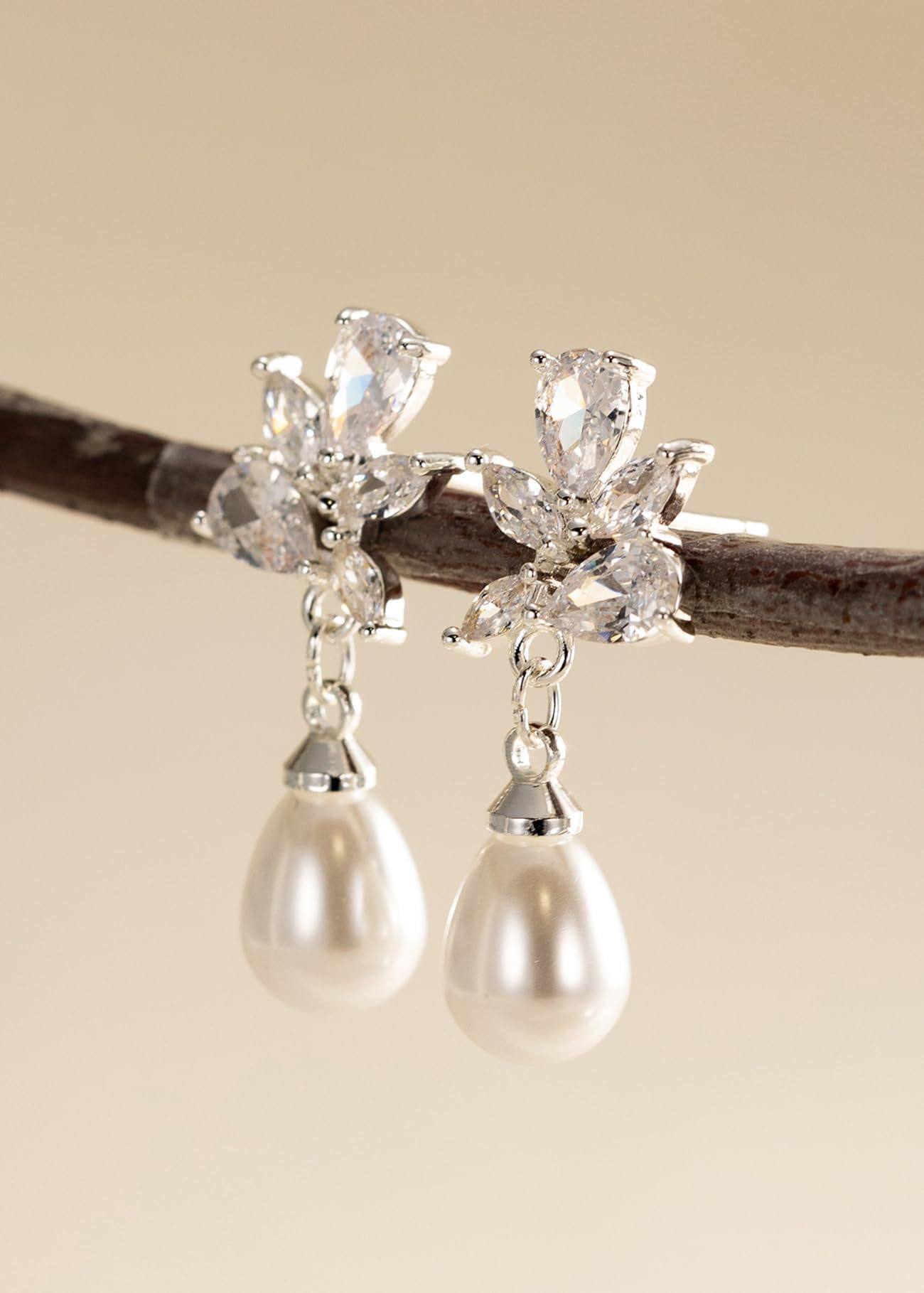 PRTGL Pearl Earrings: 14k White Gold-plated Cubic Zirconia Accented Teardrop Pearl Drop Wedding Engagement Earrings For Women Bridal Bridesmaid (Leaf Designed)