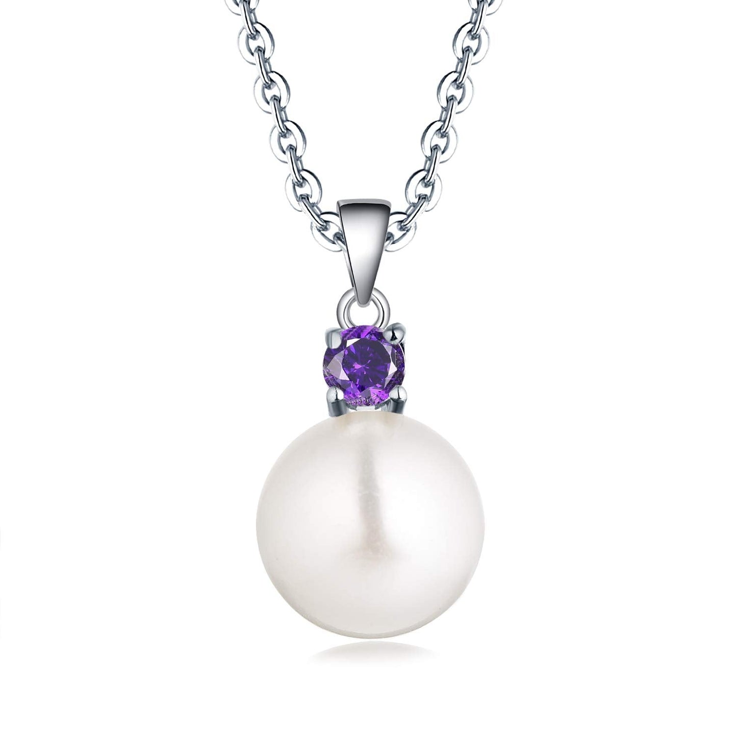JO WISDOM Women Necklace,925 Sterling Silver Cubic Zirconia 10mm White Freshwater Pearl Pendant Necklace,February Birthstone Amethyst Color