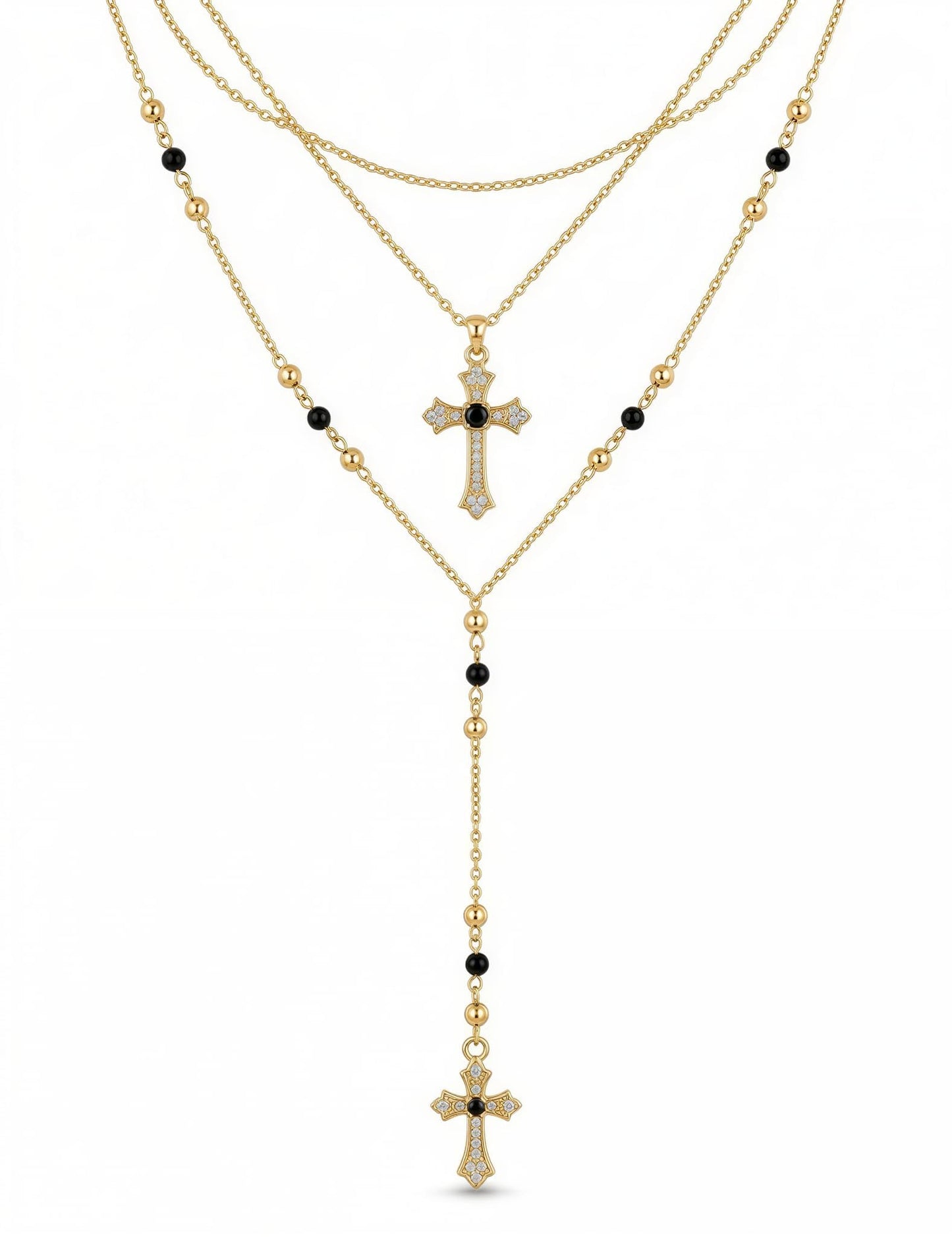 3PCS Layered Gold Cross Necklaces for Women Trendy, Bohemian Bead Pearl Y Long Pendant Necklace Set, Vintage Rosary Necklace Stack Adjustable Length