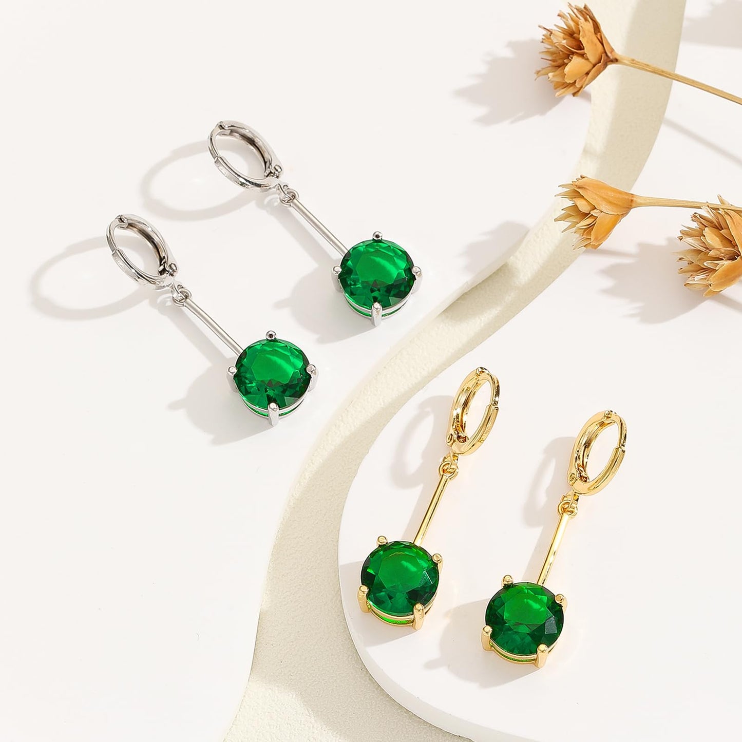 VONSSY Gemstone Drop Dangle Earrings | Platinum/Gold Plated Leverback Crystal Cubic Zirconia Hanging Red/Pink/Blue Earrings (Green-Gold)