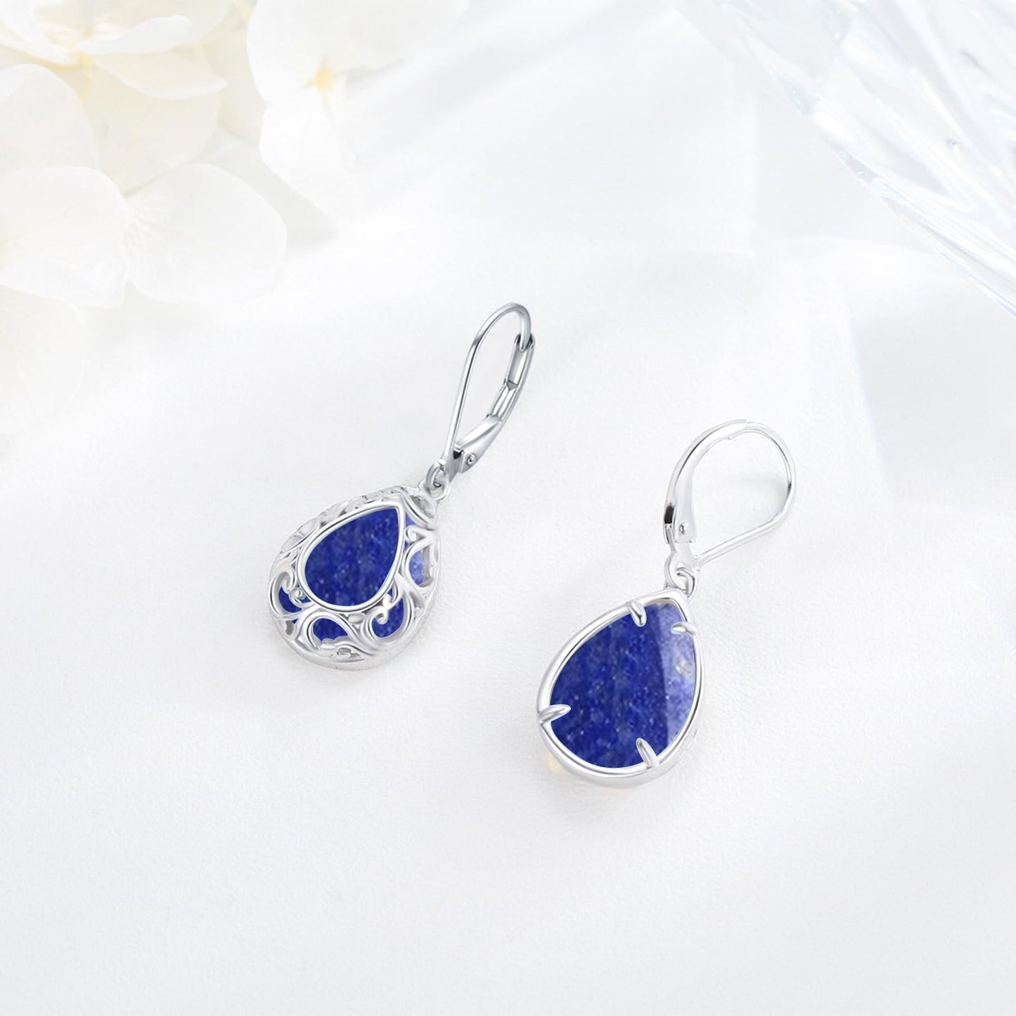 KoyeKei Lapis Lazuli Filigree Leverback Earrings for Women 925 Sterling Silver Lapis Lazuli Teardrop Dangle Drop Earrings Filigree Jewelry Graduation Birthday Gifts for Girlfriend Best Friend Her